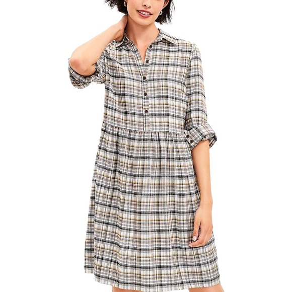 LOFT Dresses & Skirts - Ann Taylor Loft Plaid Flannel Swing Shirtdress 1/2 Button L Petite Winter Frost